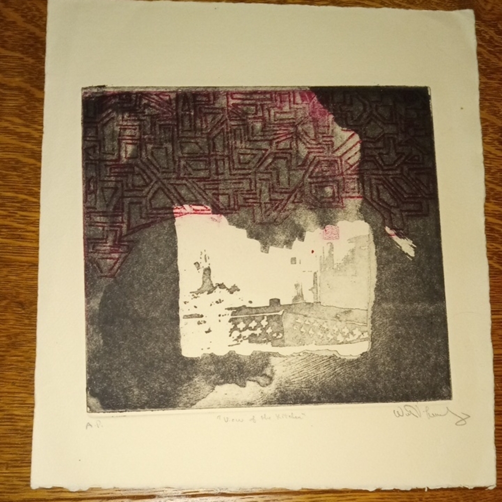 Vintage Etching Labeled View Of The Kitchen Black and Pink Art Print